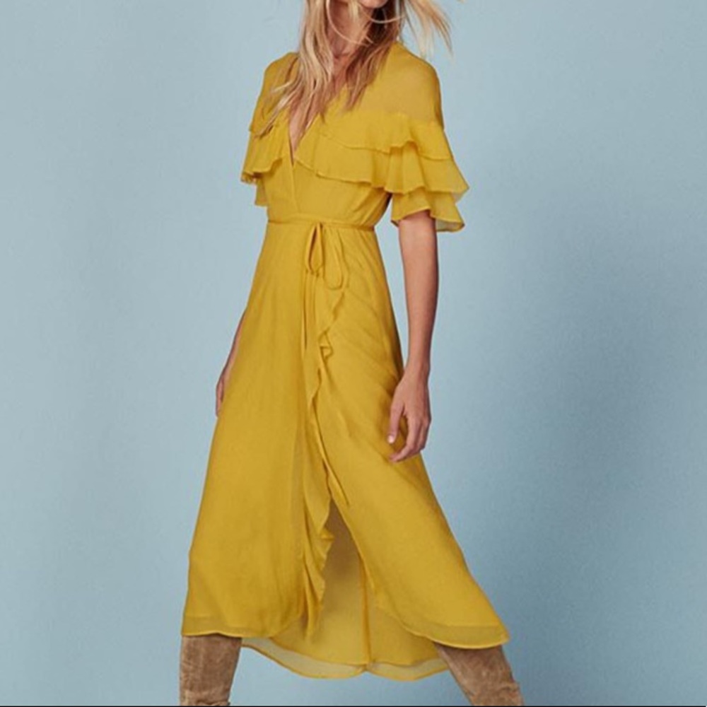 REFORMATION GARBO RUFFLE SHOULDER STYLE WRAP DRESS